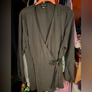 City Chic Black Wrap Blouse with Silver Accents